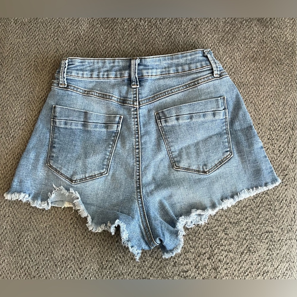 Sincerely Jules Light Blue High Waist Distressed Button-Front Shorts - Picture 3 of 3